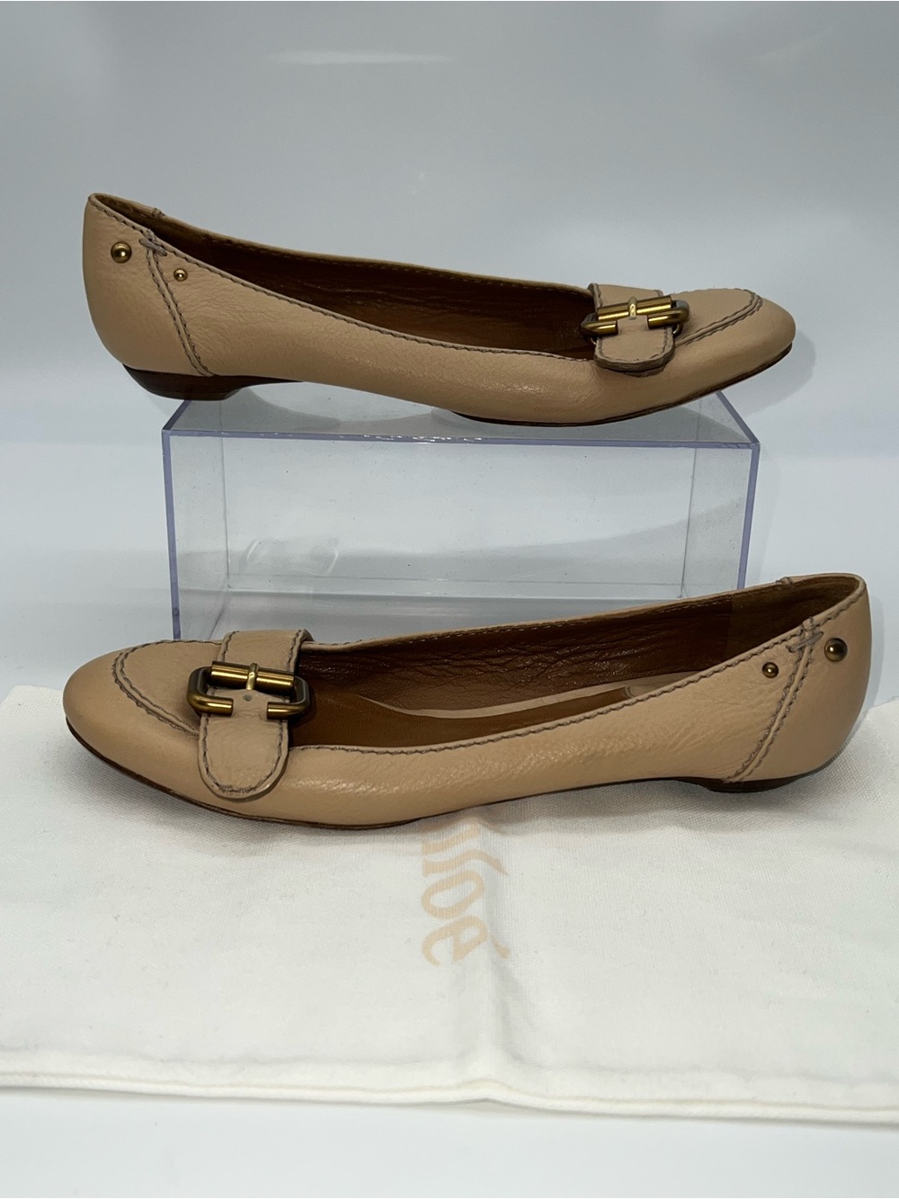 Chloe Beige Tan Leather with Buckle Ballet Flats w/Chloe Dust Bag-Size 37